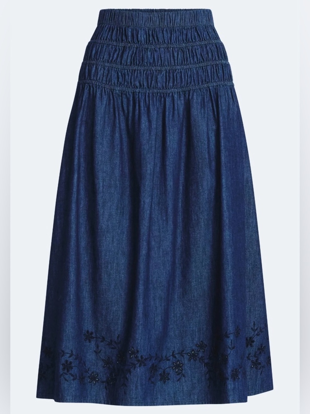 NWT Free Assembly Smocked Waist Denim Midi Skirt with Floral Embroidery